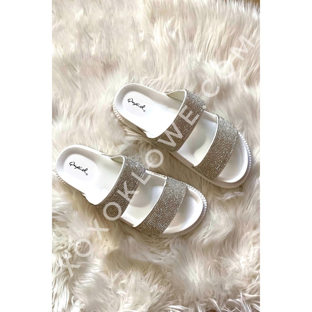 Qupid White Rhinestone Slide Sandals | Double Strap Sparkly Slip On Summer Shoes - Picture 4 of 8